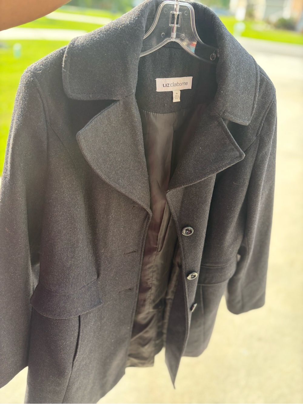 Liz Claiborne Black Wool-Blend Pea Coat with Classic Lapels